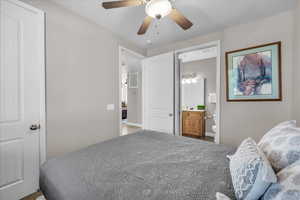 Bedroom featuring a ceiling fan and carpet