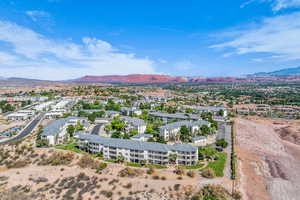 Aerial perspective of suburban area featuring mountains