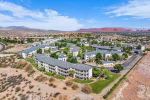 Aerial view of residential area with a mountain backdrop