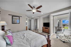 Bedroom with access to exterior, carpet floors, a ceiling fan, a closet, and recessed lighting