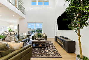 Living area with light wood finished floors and a high ceiling