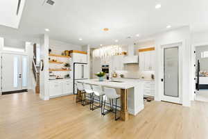 Kitchen featuring open shelves, a kitchen bar, decorative backsplash, an island with sink, and light countertops