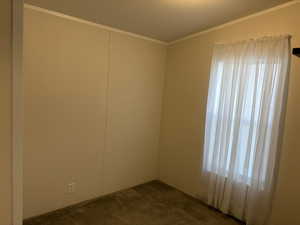 Spare room featuring dark colored carpet and ornamental molding