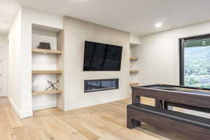 Living room featuring built in features, a fireplace, light wood-type flooring, and recessed lighting