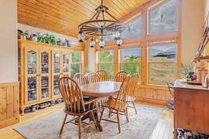 Dining area with light wood-type flooring, plenty of natural light, wood ceiling, vaulted ceiling, and wooden walls