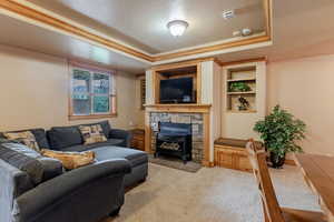 Carpeted living room featuring a raised ceiling, a wood stove, and crown molding