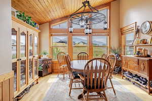 Dining space featuring vaulted ceiling, a chandelier, wood finished floors, a mountain view, and wood ceiling