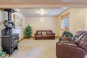 Living area with a wood stove, light colored carpet, and light tile patterned floors
