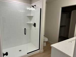 Bathroom featuring a shower stall, vanity, light wood finished floors, and a closet