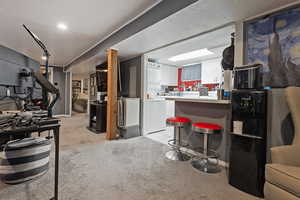 Bar with white cabinetry, light countertops, and light carpet