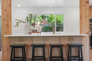 Bar featuring light stone counters, light wood finished floors, appliances with stainless steel finishes, and recessed lighting
