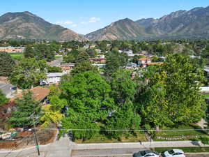 Aerial view of residential area with mountains