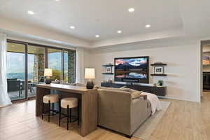 Living area featuring light wood-type flooring, recessed lighting, and a raised ceiling