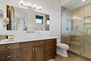 Bathroom featuring a stall shower, vanity, and recessed lighting