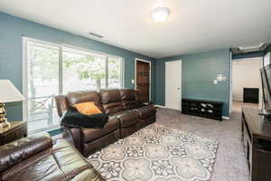 Living area with light colored carpet and baseboards