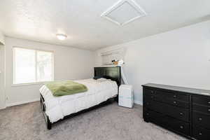 Bedroom featuring light colored carpet, attic access, and a textured ceiling