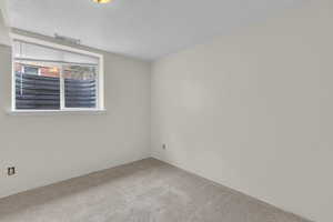 Unfurnished room with light colored carpet and a textured ceiling