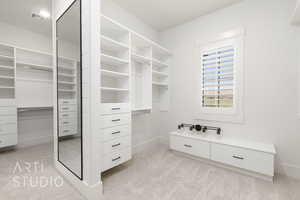 Spacious closet with light colored carpet