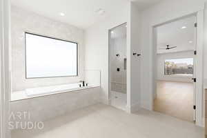 Full bathroom with a garden tub, a walk in shower, light tile patterned flooring, ceiling fan, and recessed lighting