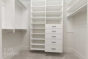 Walk in closet with light carpet