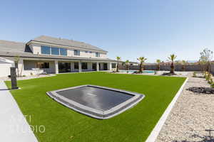 Rear view of property with a patio, a fenced backyard, and stucco siding