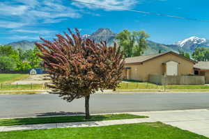View of asphalt street with sidewalks, a mountain view, and curbs