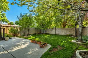 Fenced backyard featuring a patio area
