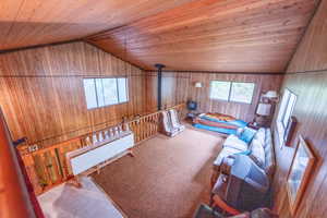 Living area with vaulted ceiling, wood walls, wood ceiling, and a wood stove