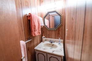 Bathroom featuring vanity and wood walls