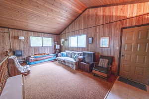 Living area with wood walls, wood ceiling, high vaulted ceiling, and carpet flooring