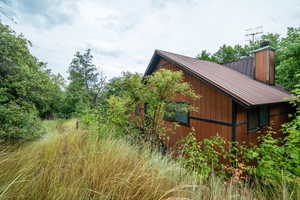 View of property exterior with a metal roof and a chimney