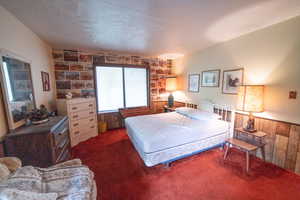 Carpeted bedroom with wood walls and wainscoting