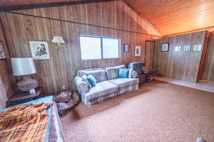 Carpeted living area featuring wooden walls, high vaulted ceiling, and wood ceiling