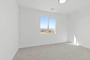 Spare room with carpet flooring and a mountain view