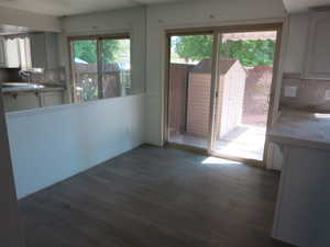 Unfurnished dining area featuring dark wood-style floors and a sink