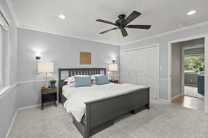 Bedroom featuring crown molding, light carpet, a ceiling fan, a closet, and recessed lighting