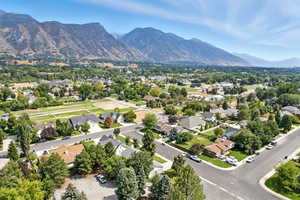 Aerial perspective of suburban area featuring mountains