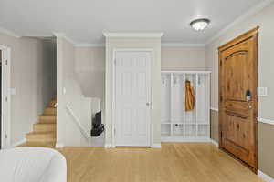 Mudroom with hardwood / wood-style floors and crown molding