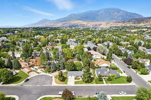 Aerial perspective of suburban area featuring a mountainous background