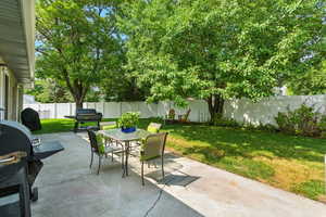 Fenced backyard featuring a patio, a grill, and outdoor dining space