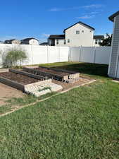 Fenced backyard with a garden and a residential view