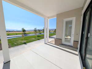 View of patio / terrace with a mountain view