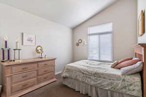 Bedroom featuring carpet flooring and lofted ceiling
