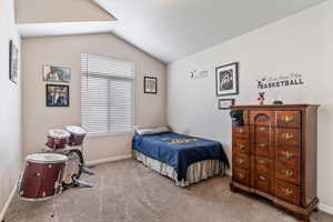 Carpeted bedroom with baseboards and lofted ceiling