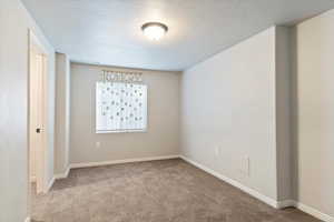 Carpeted spare room featuring baseboards and a textured ceiling