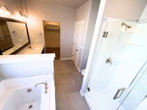 Bathroom featuring a bath, vanity, a stall shower, and a walk in closet