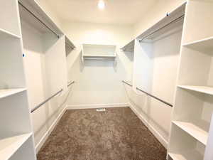 Walk in closet featuring dark colored carpet