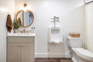 Bathroom with vanity, dark wood finished floors, and curtained shower