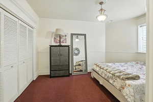 Bedroom featuring wainscoting, dark colored carpet, and a closet