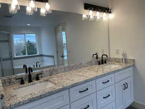 Bathroom featuring double vanity, a stall shower, and a bath